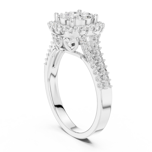 Round Cluster Halo Moissanite Ring with Split Pavé Shank in white 925 sterling silver, view 1
