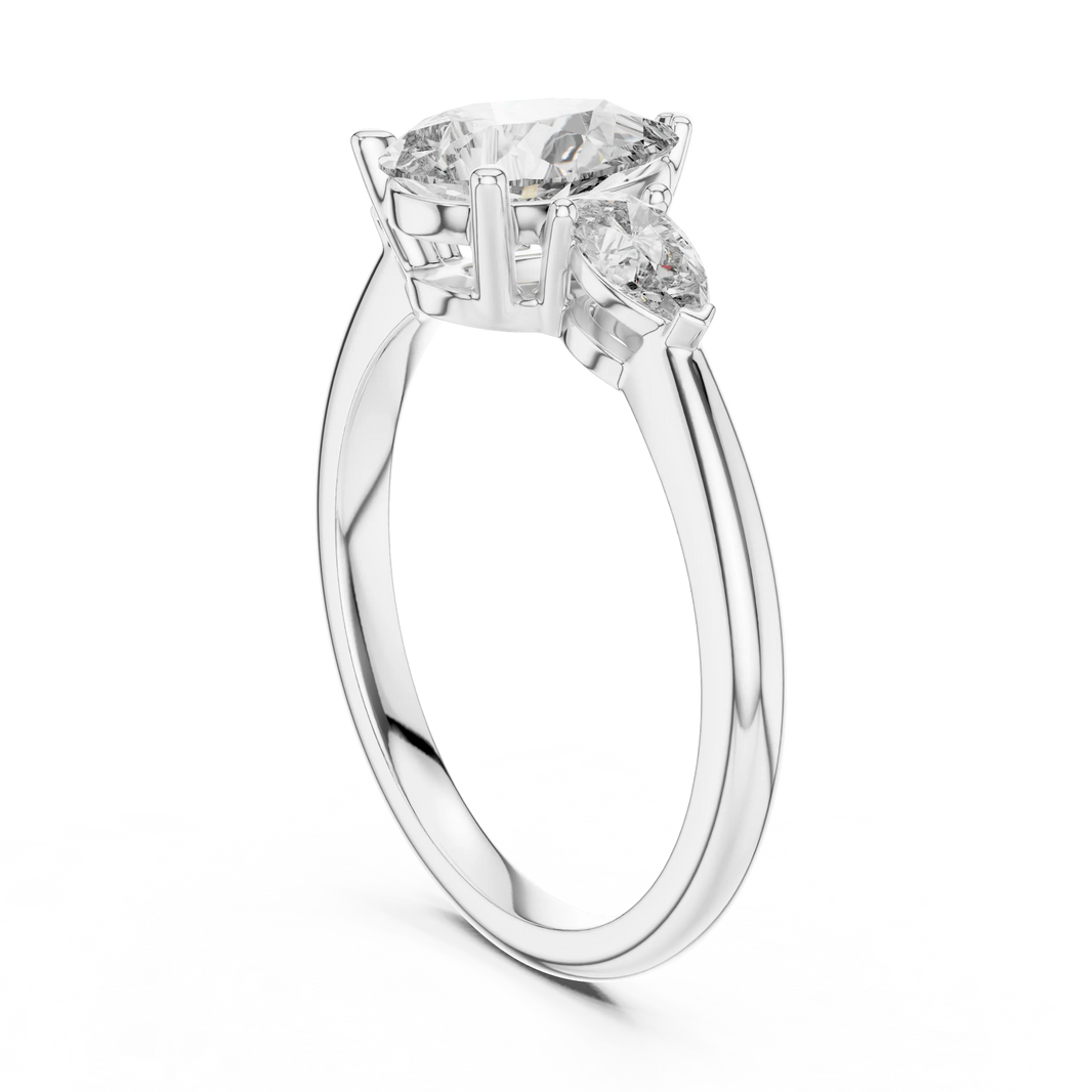 Pear Three Stone Moissanite Engagement Ring in white 925 sterling silver, view 1