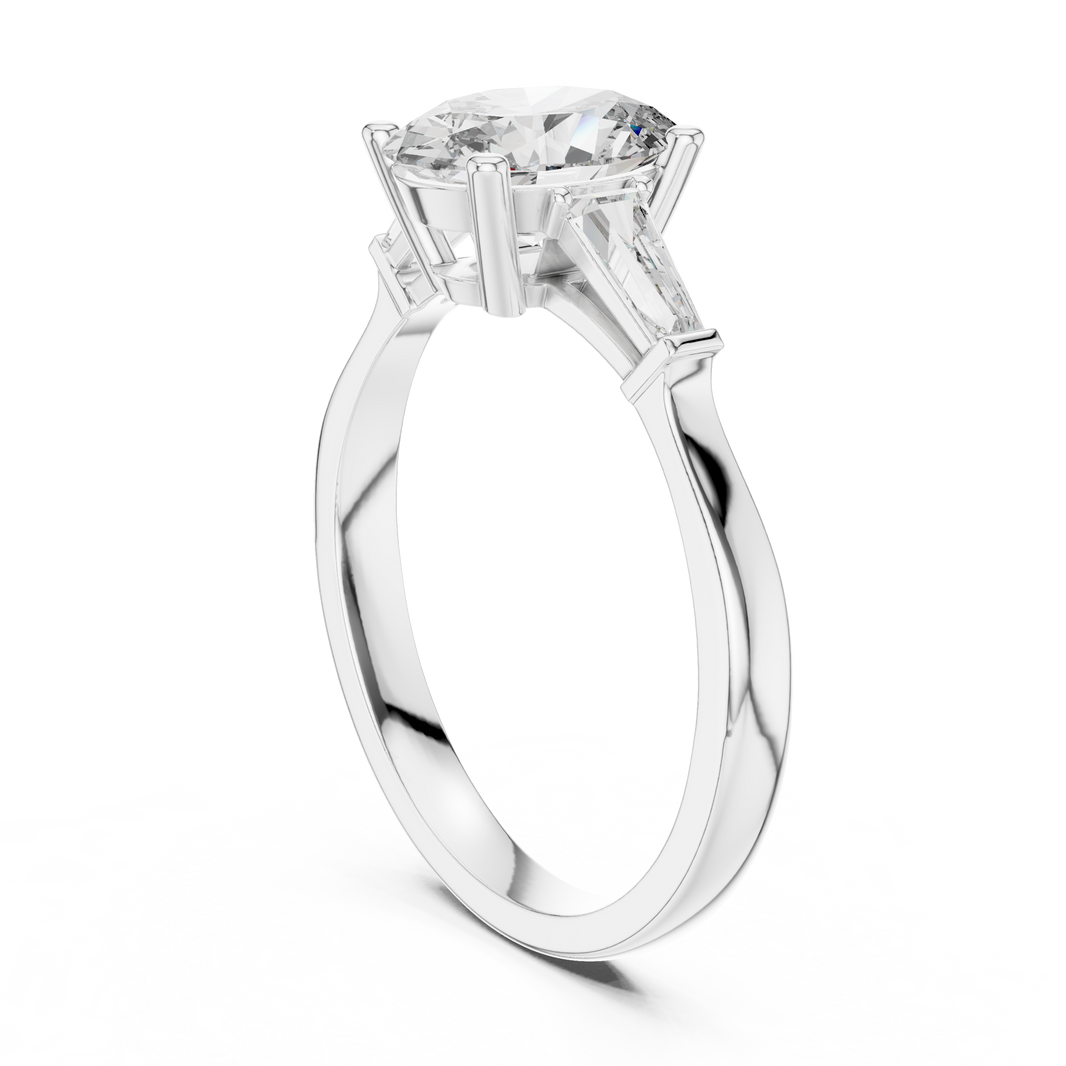 Oval Moissanite Ring with Tapered Baguette Sides in white 925 sterling silver, view 1