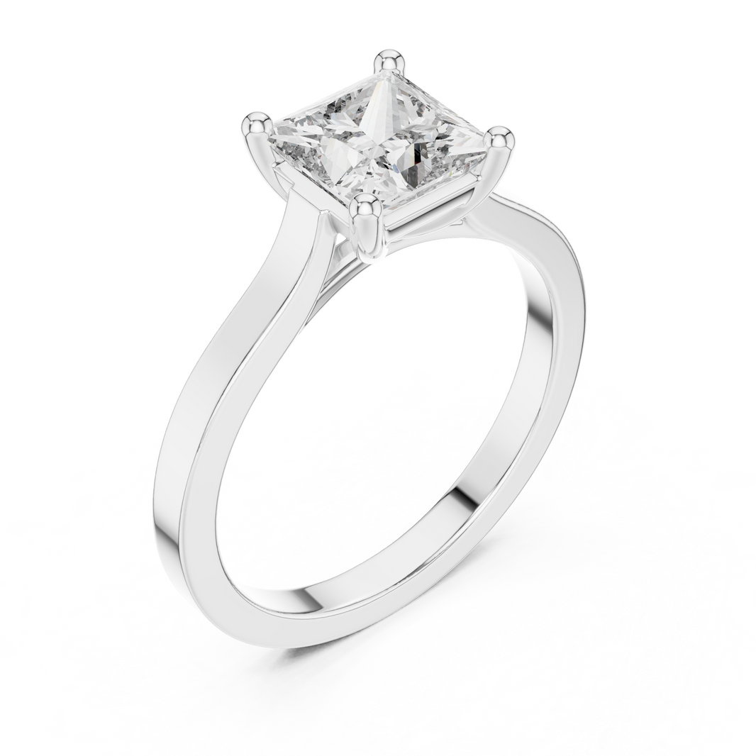 Princess Cut Moissanite Solitaire Ring with Flat Band in white 925 sterling silver, view 2