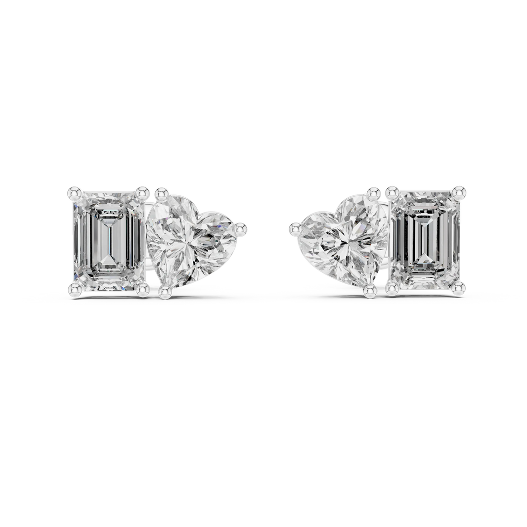 Heart and emerald moissanite toi et moi stud earrings in white 925 sterling silver, view 4