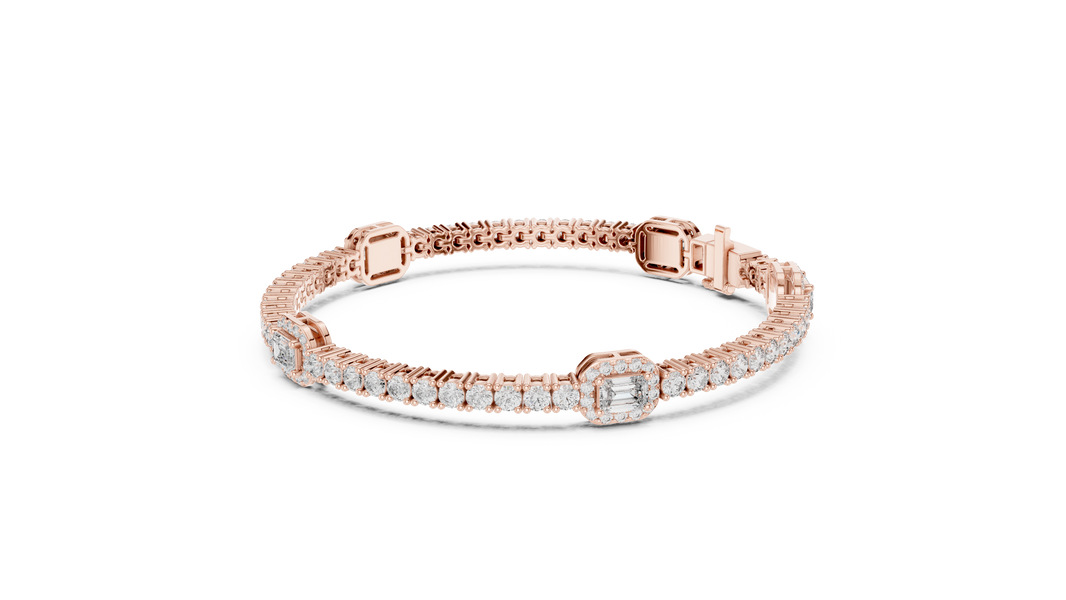 Emerald Halo Station Round Moissanite Tennis Bracelet in rose 925 sterling silver, view 2