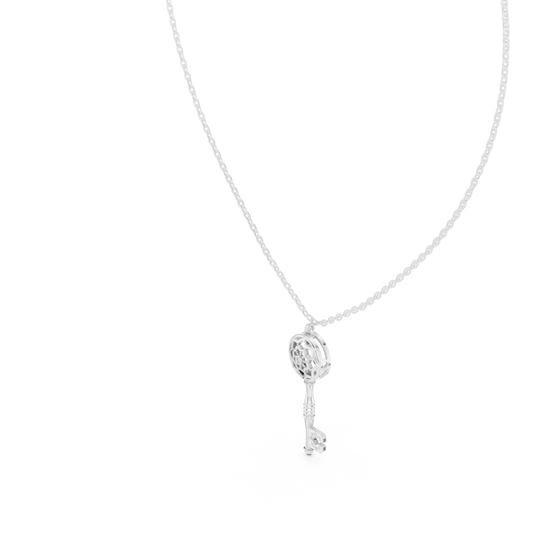 Openwork Key Moissanite Pendant in white 925 sterling silver, view 2