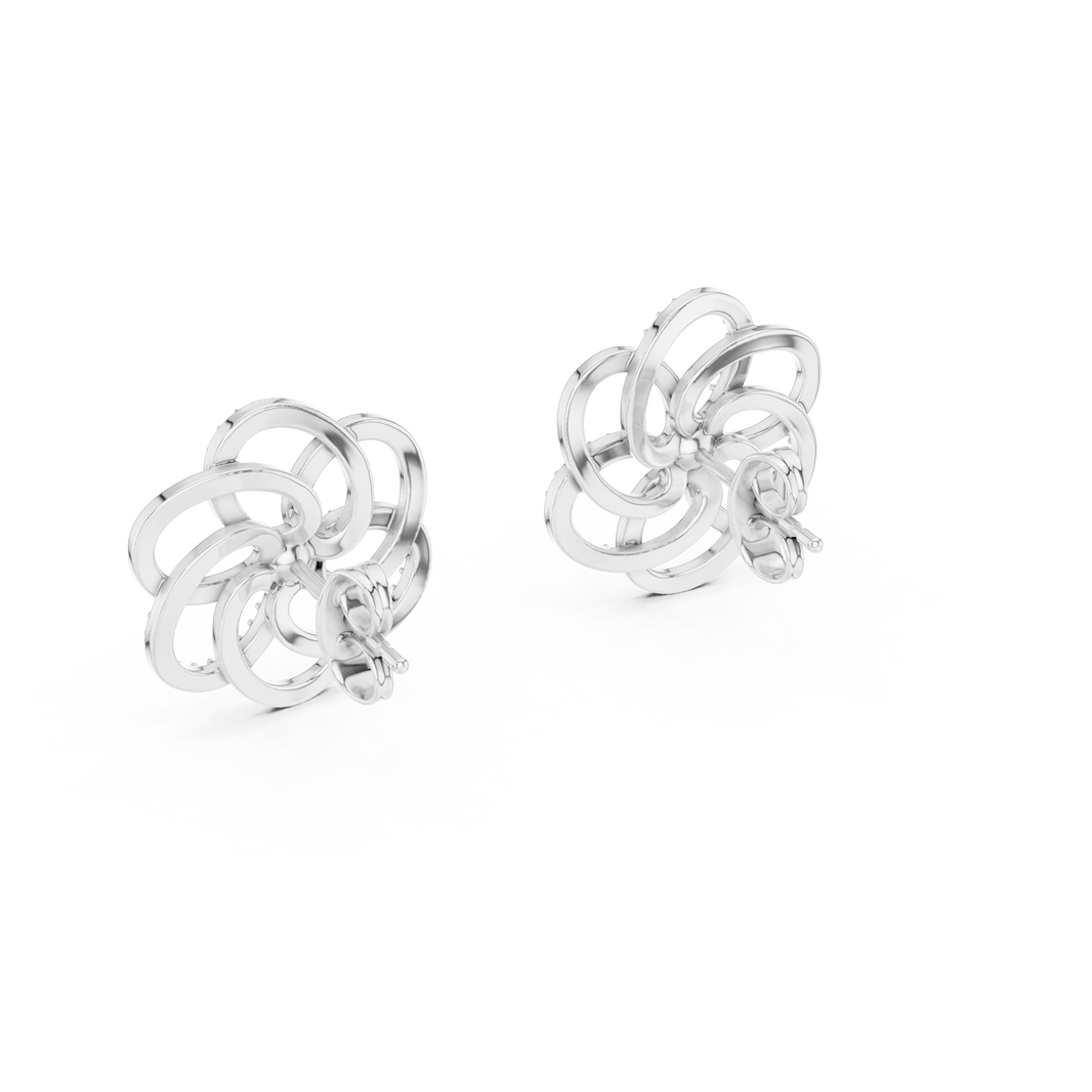 Open Five Loop Flower Moissanite Stud Earrings in white 925 sterling silver, view 3