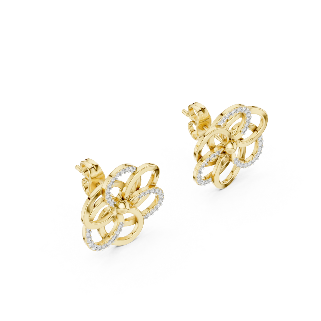 Open Five Loop Flower Moissanite Stud Earrings in yellow 925 sterling silver, view 2