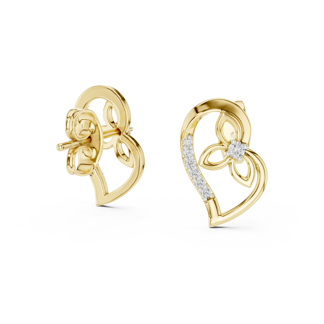 Open Heart and Flower Moissanite Stud Earrings in yellow 925 sterling silver, view 1
