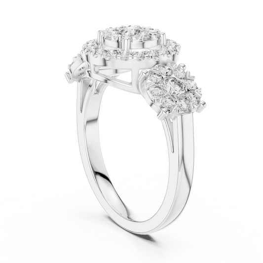 Three Cluster Halo Moissanite Ring in white 925 sterling silver, view 1