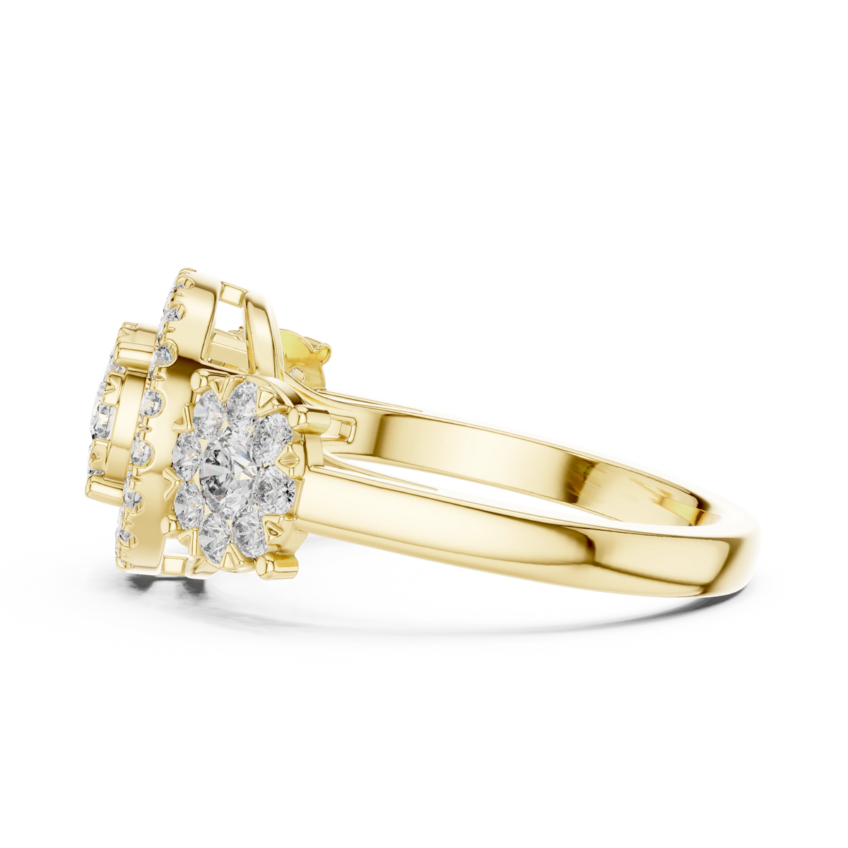 Three Cluster Halo Moissanite Ring in yellow 925 sterling silver, view 3