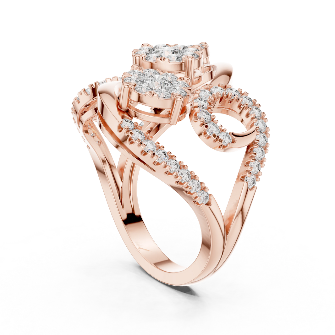 Bypass Three Cluster Swirl Moissanite Ring in rose 925 sterling silver, view 1