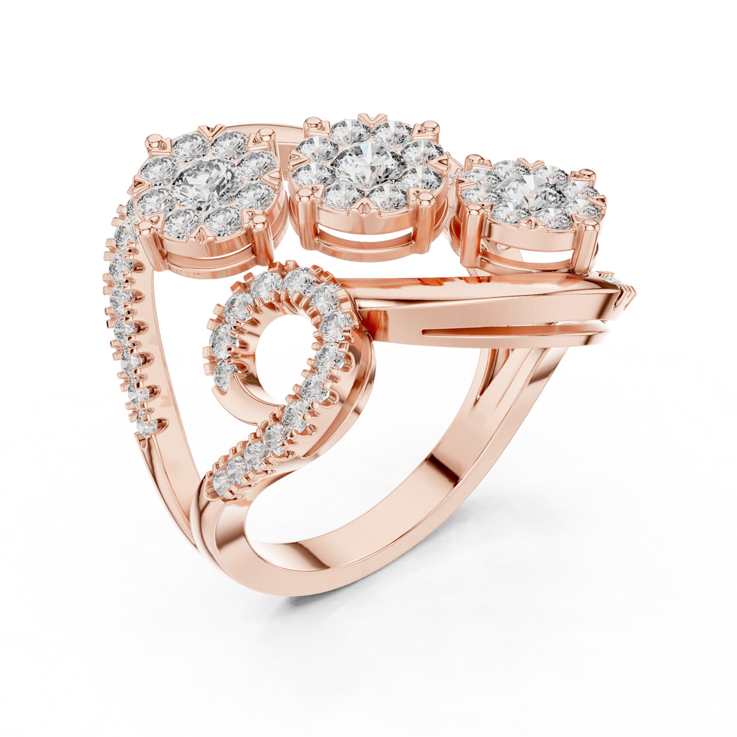 Bypass Three Cluster Swirl Moissanite Ring in rose 925 sterling silver, view 2
