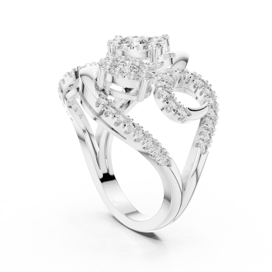 Bypass Three Cluster Swirl Moissanite Ring in white 925 sterling silver, view 1