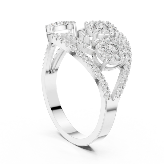 Bypass Three Cluster Pavé Moissanite Ring in white 925 sterling silver, view 1