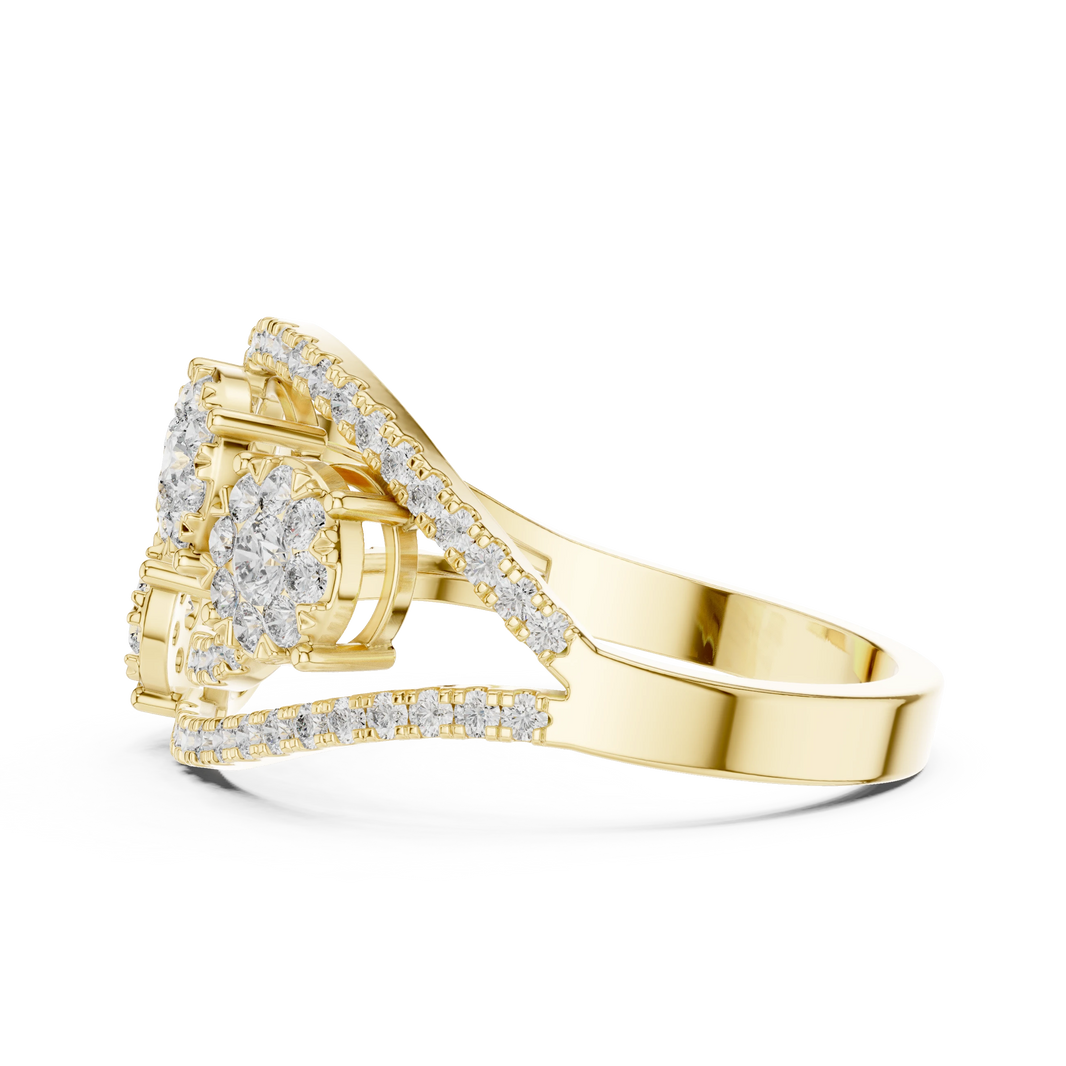 Bypass Three Cluster Pavé Moissanite Ring in yellow 925 sterling silver, view 3