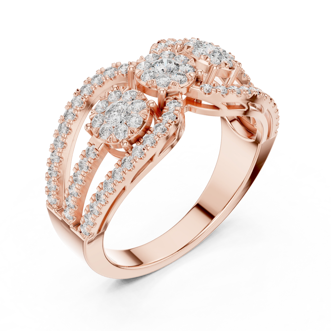 Openwork Three Cluster Pavé Moissanite Ring in rose 925 sterling silver, view 2