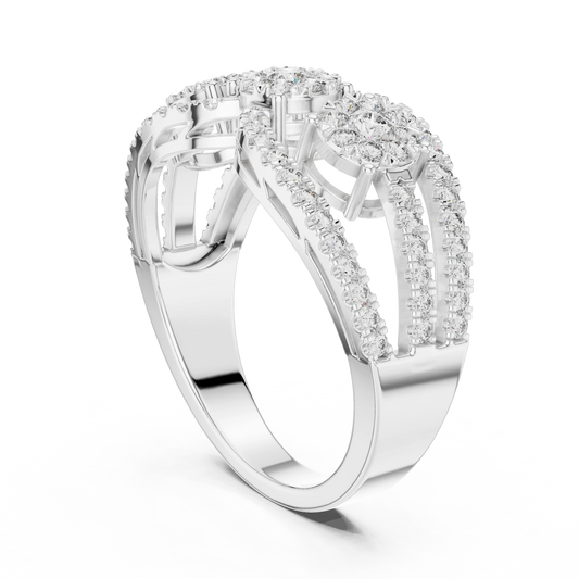 Openwork Three Cluster Pavé Moissanite Ring in white 925 sterling silver, view 1