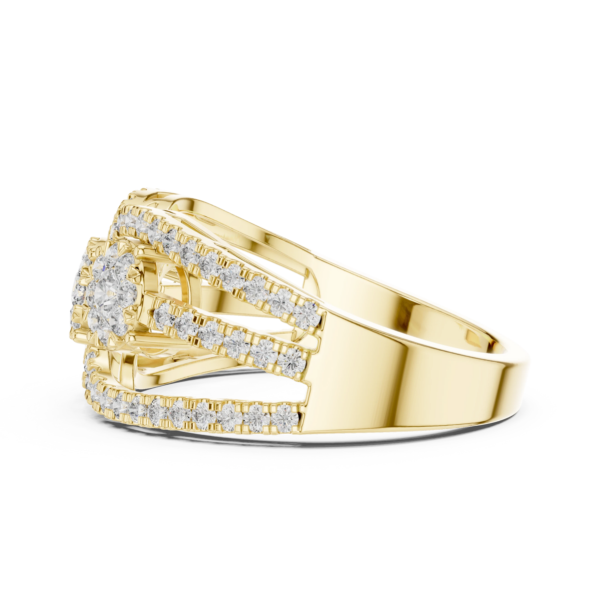 Openwork Three Cluster Pavé Moissanite Ring in yellow 925 sterling silver, view 3