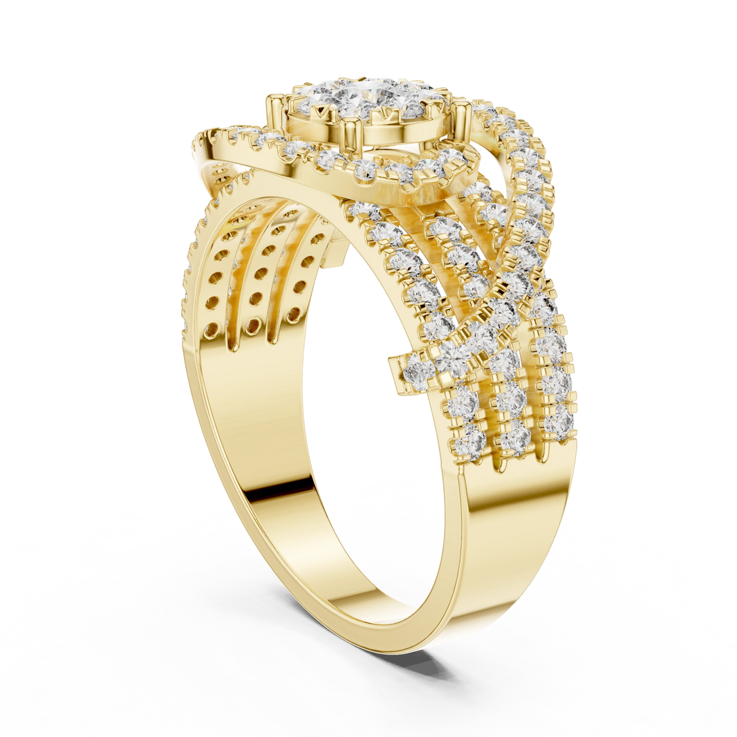 Cluster Halo Crossover Pavé Moissanite Ring in yellow 925 sterling silver, view 1