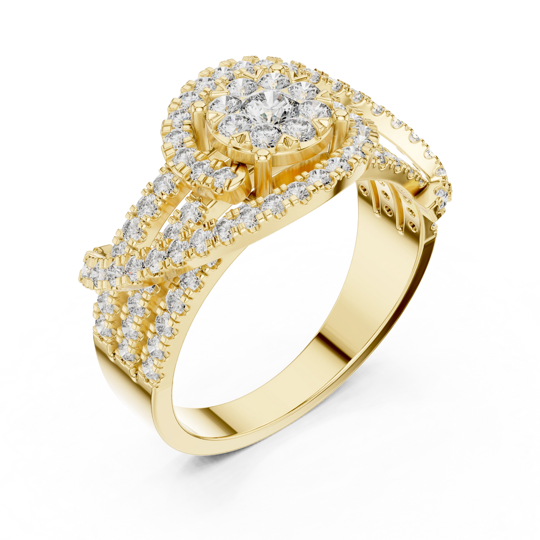 Cluster Halo Crossover Pavé Moissanite Ring in yellow 925 sterling silver, view 2