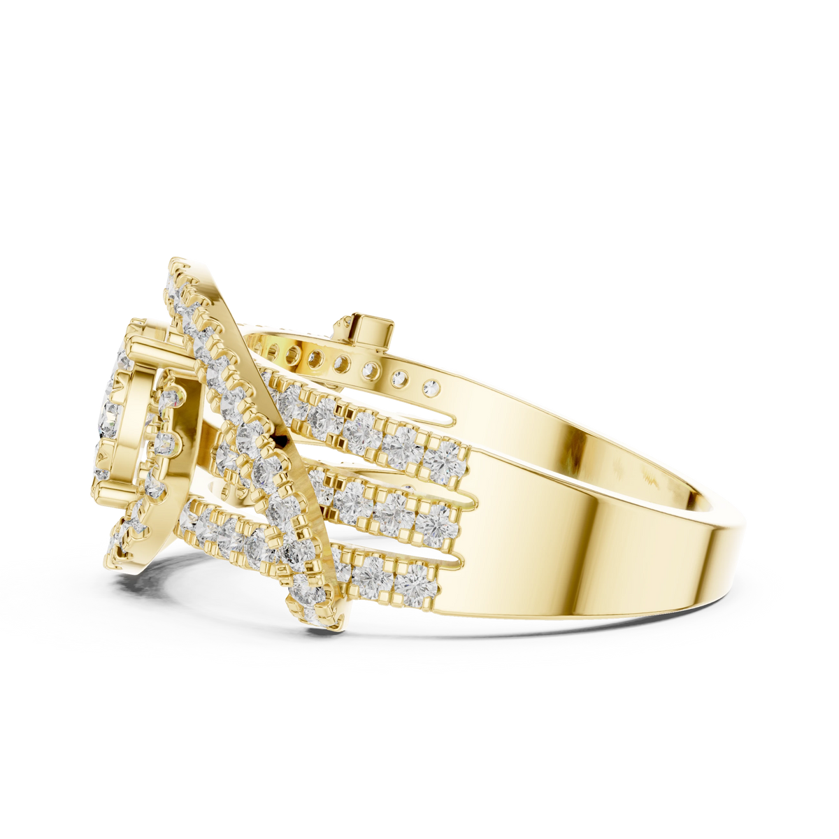 Cluster Halo Crossover Pavé Moissanite Ring in yellow 925 sterling silver, view 3
