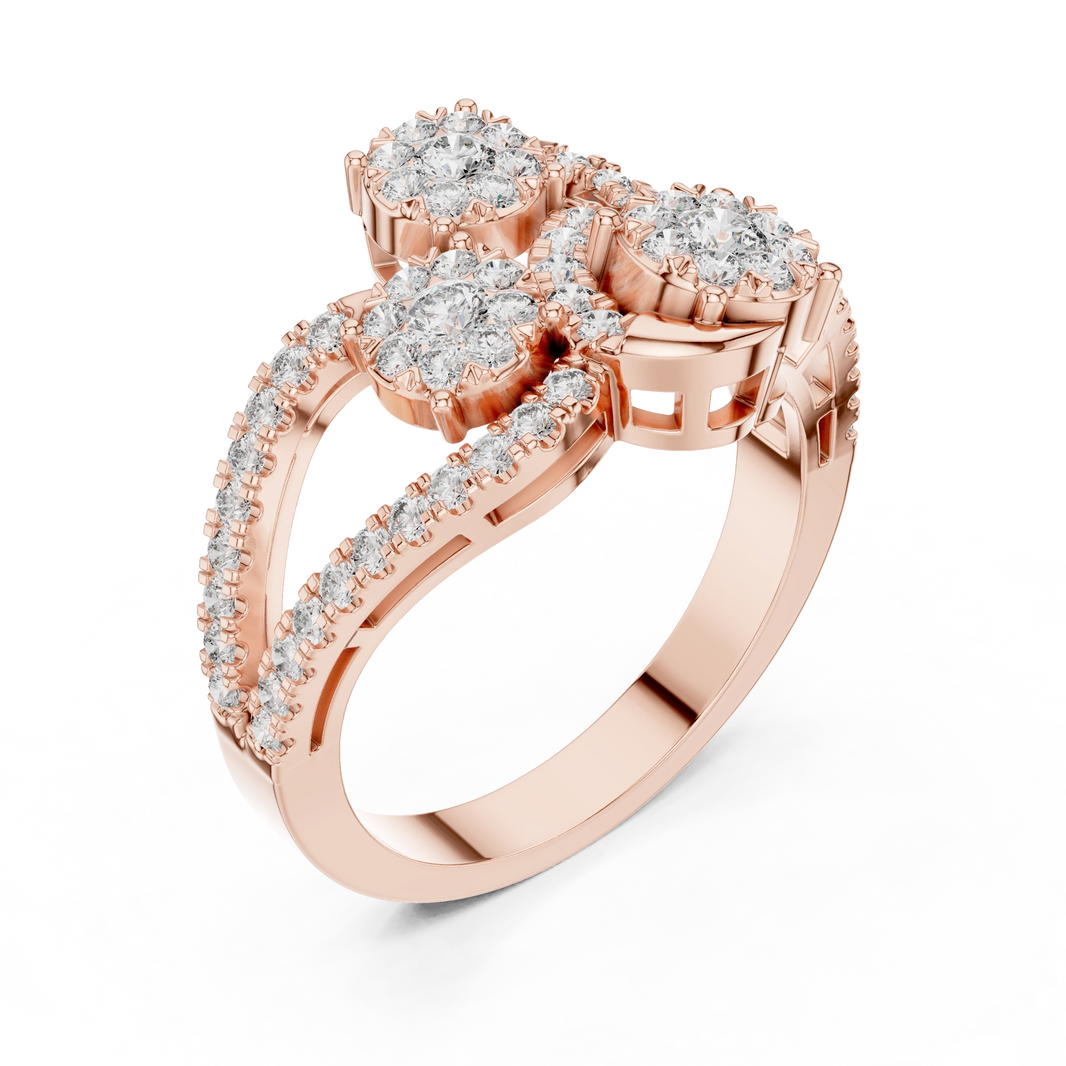 Diagonal Three Cluster Split Shank Moissanite Ring in rose 925 sterling silver, view 2