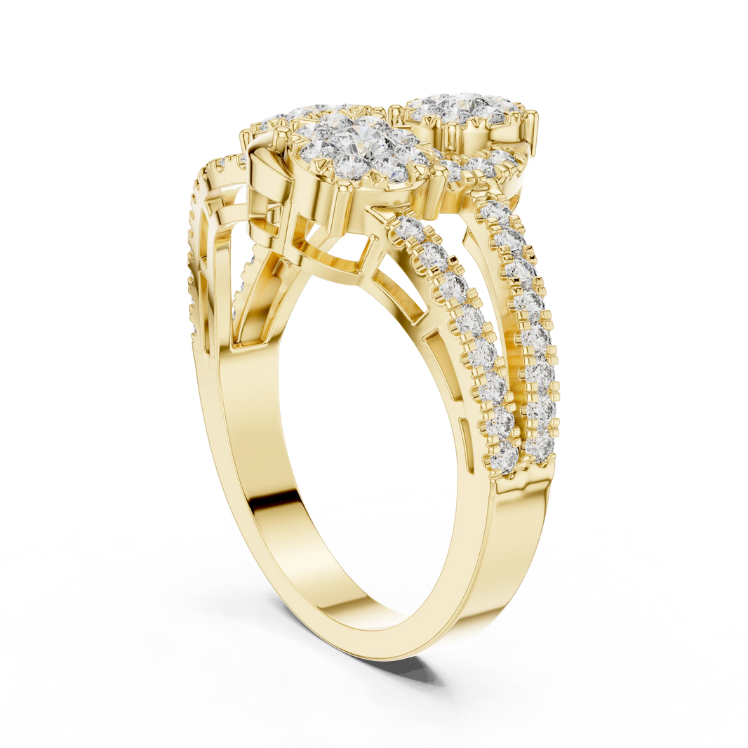 Diagonal Three Cluster Split Shank Moissanite Ring in yellow 925 sterling silver, view 1