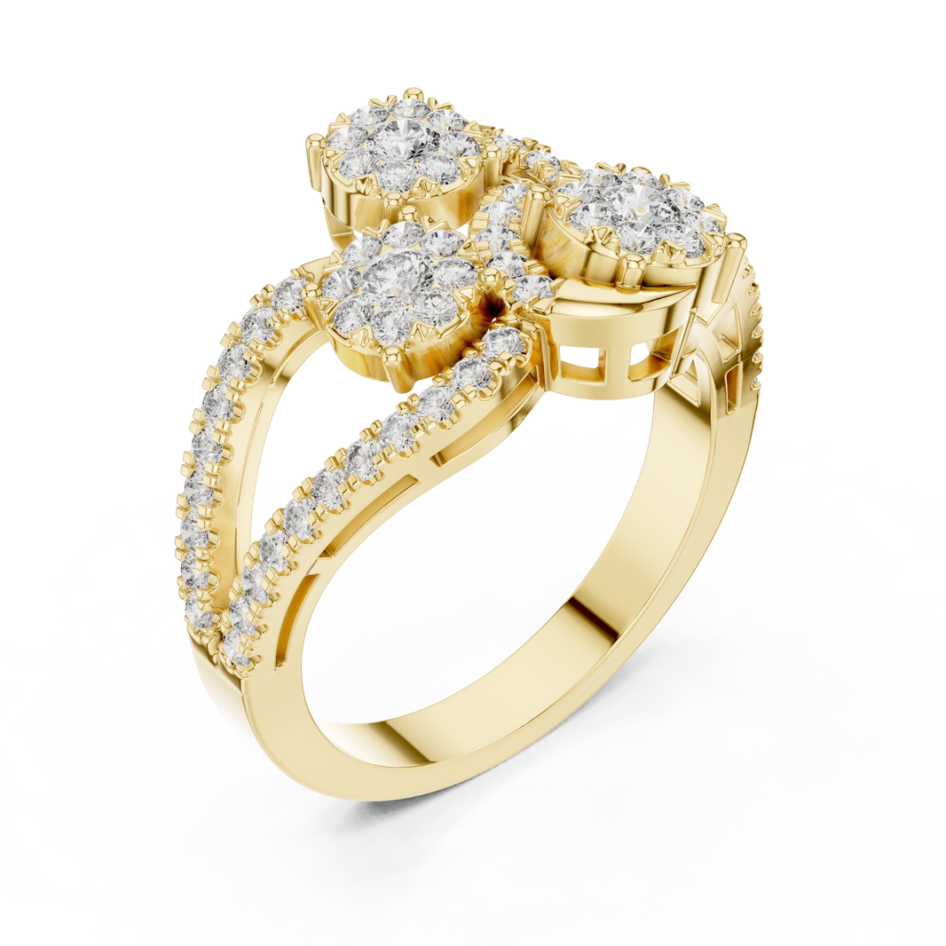 Diagonal Three Cluster Split Shank Moissanite Ring in yellow 925 sterling silver, view 2
