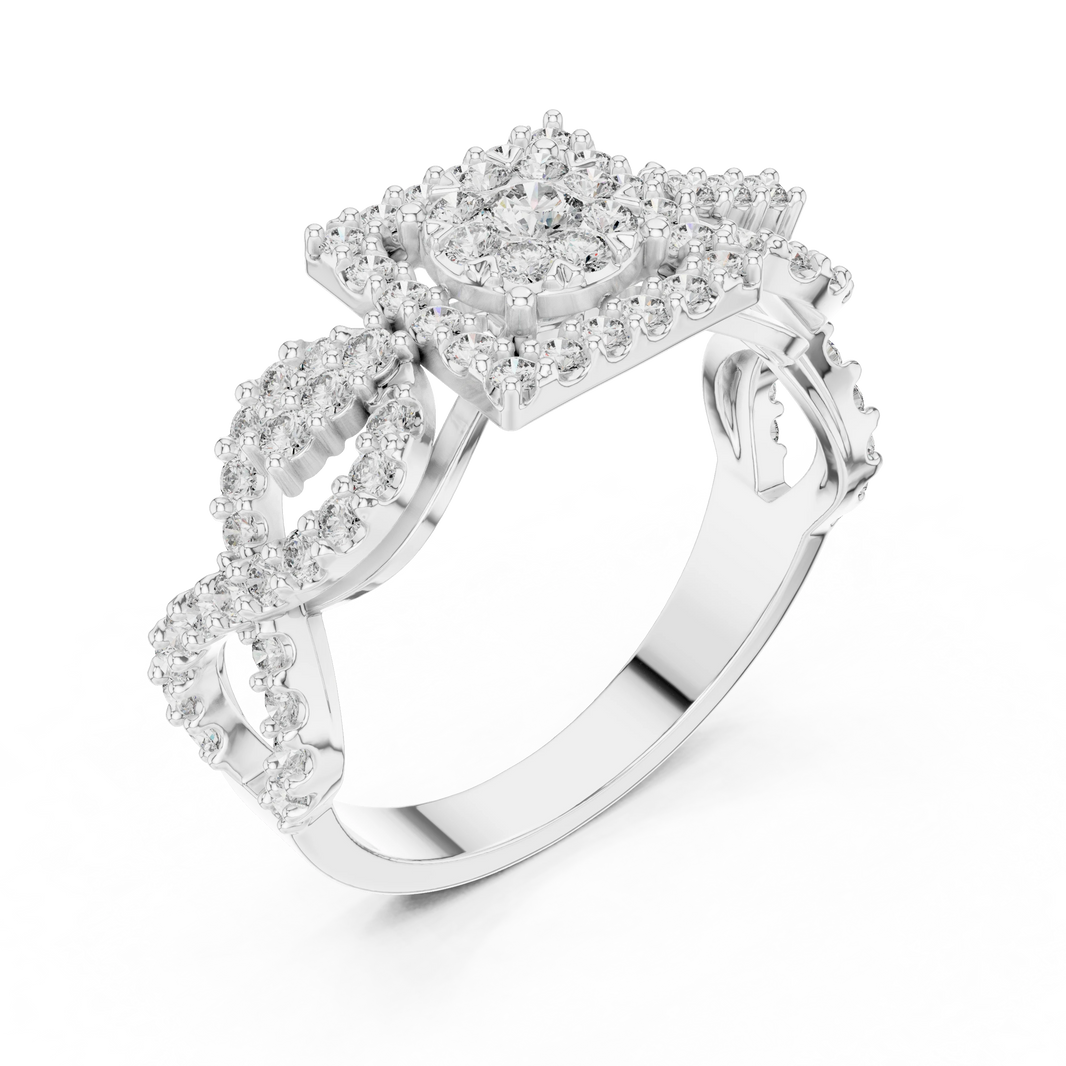 Square Halo Cluster Infinity Twist Moissanite Ring in white 925 sterling silver, view 2