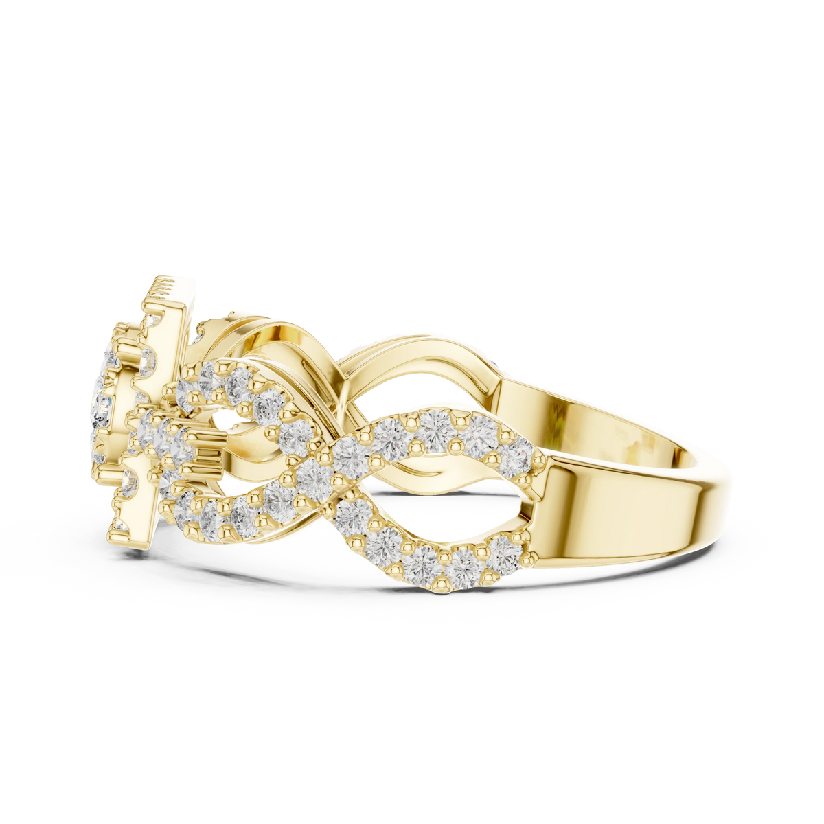 Square Halo Cluster Infinity Twist Moissanite Ring in yellow 925 sterling silver, view 3