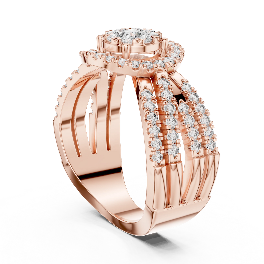 Cluster Halo Wide Crossover Moissanite Ring in rose 925 sterling silver, view 1