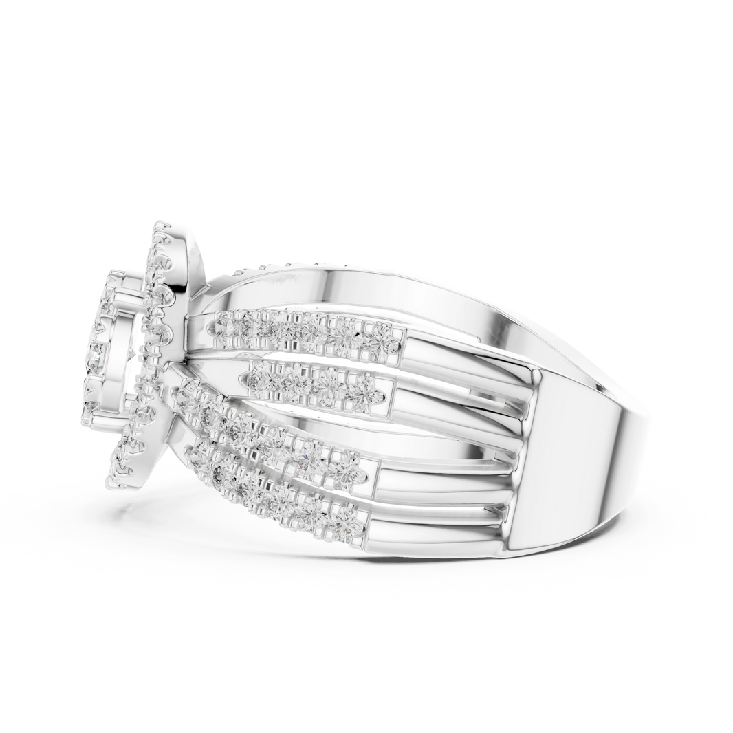 Cluster Halo Wide Crossover Moissanite Ring in white 925 sterling silver, view 3