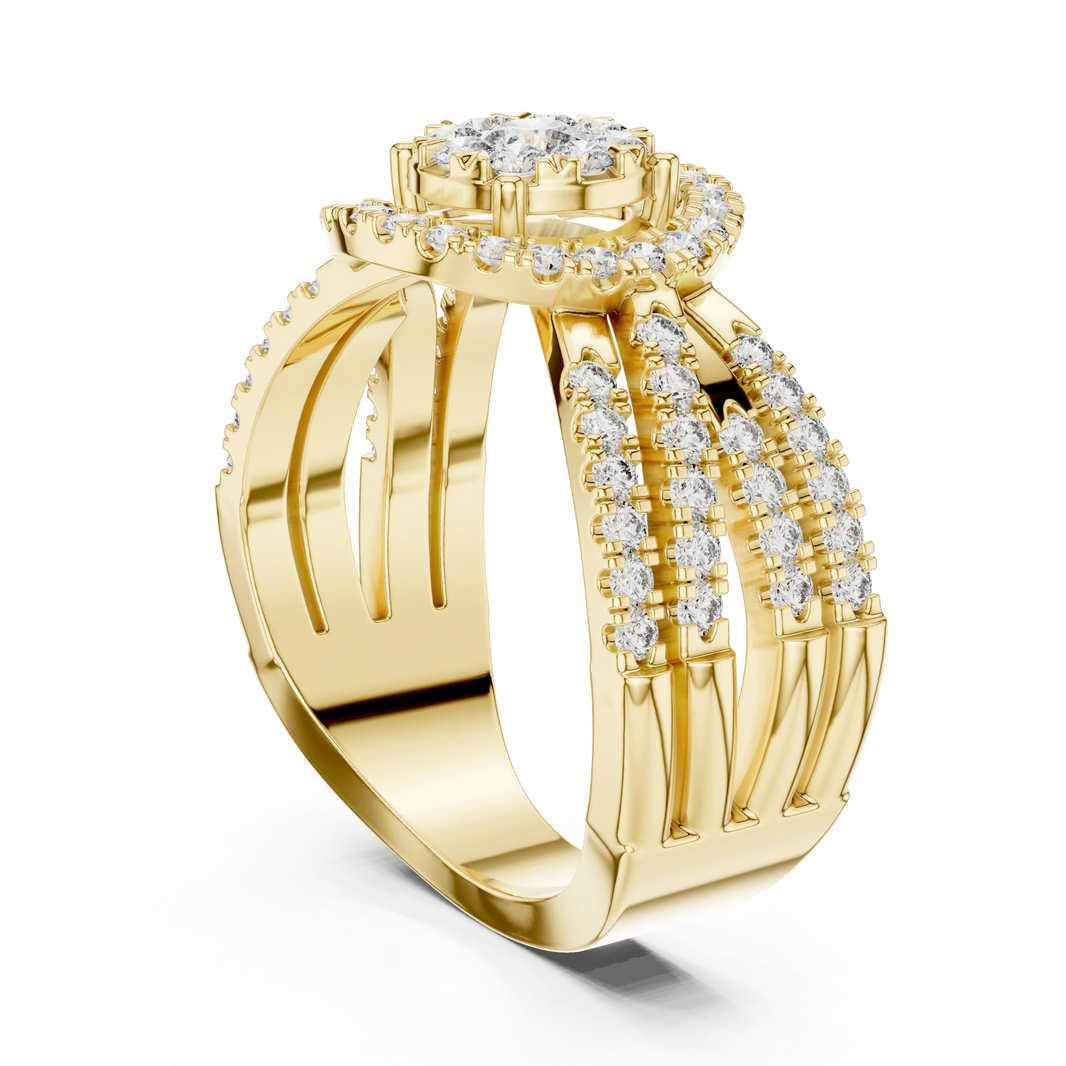 Cluster Halo Wide Crossover Moissanite Ring in yellow 925 sterling silver, view 1