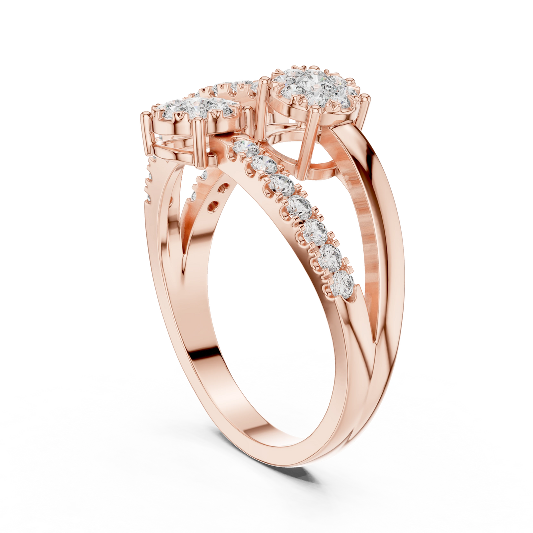 Crossing Wire Three Cluster Bypass Moissanite Ring in rose 925 sterling silver, view 1