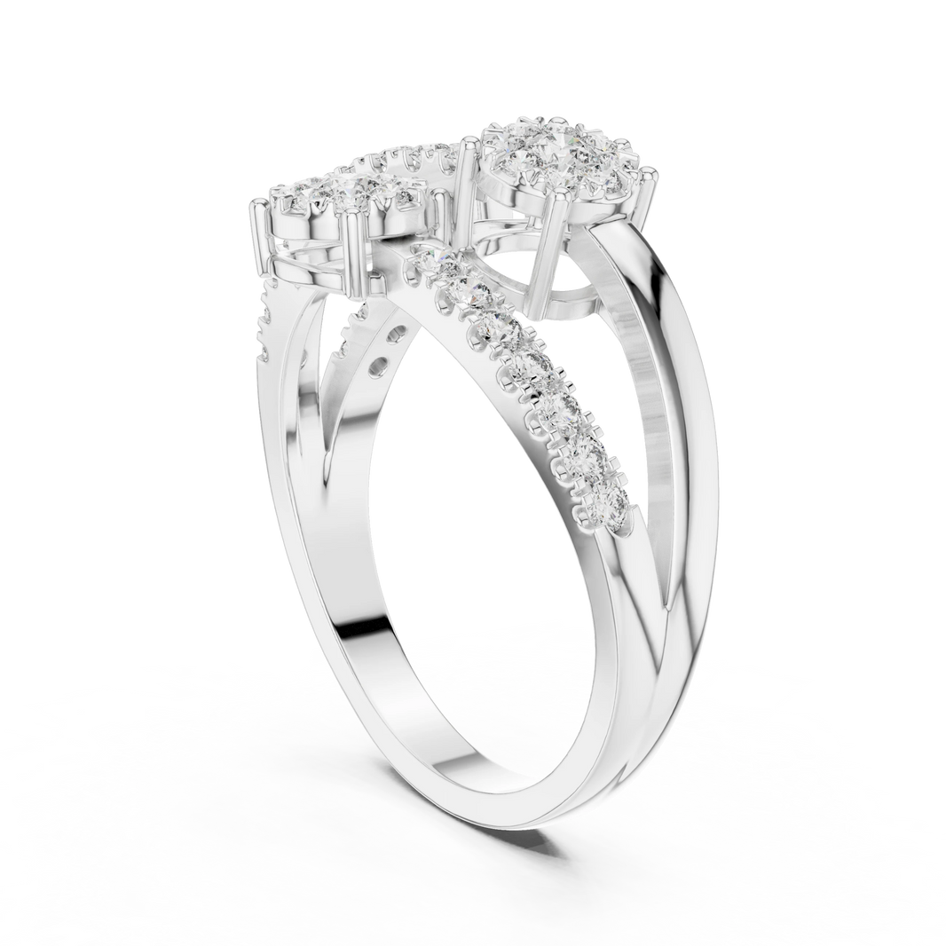 Crossing Wire Three Cluster Bypass Moissanite Ring in white 925 sterling silver, view 1
