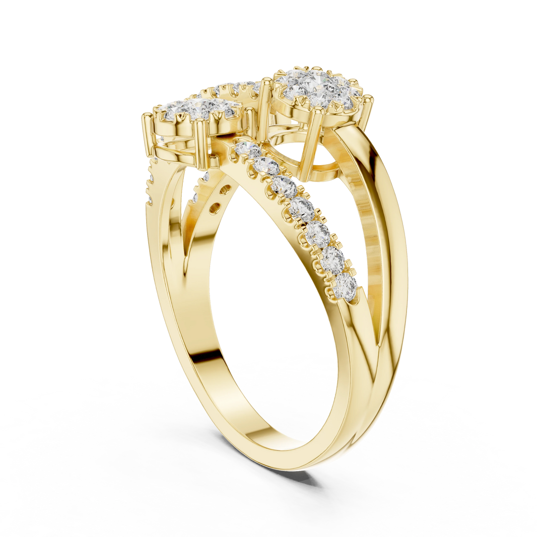 Crossing Wire Three Cluster Bypass Moissanite Ring in yellow 925 sterling silver, view 1