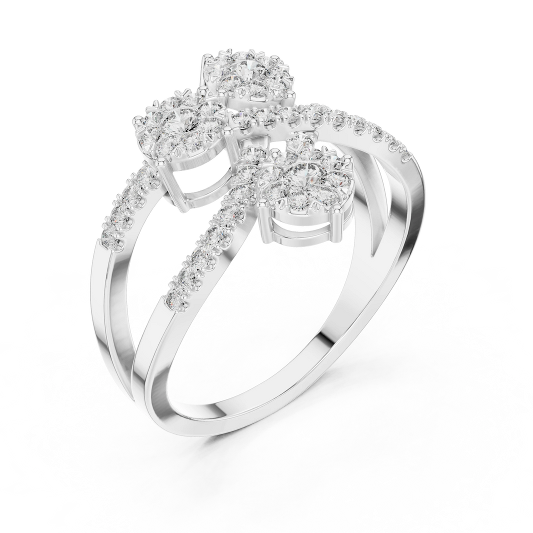 Crossover Ribbon Three Cluster Moissanite Ring in white 925 sterling silver, view 2