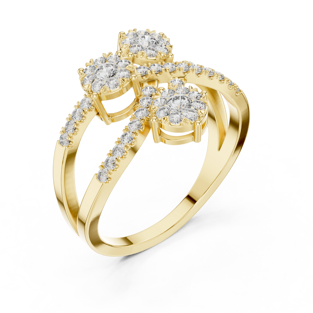Crossover Ribbon Three Cluster Moissanite Ring in yellow 925 sterling silver, view 2