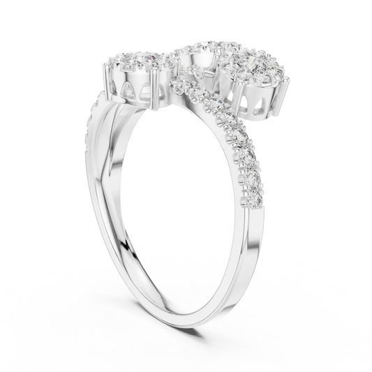 Swirling Three Cluster Bypass Moissanite Ring in white 925 sterling silver, view 1