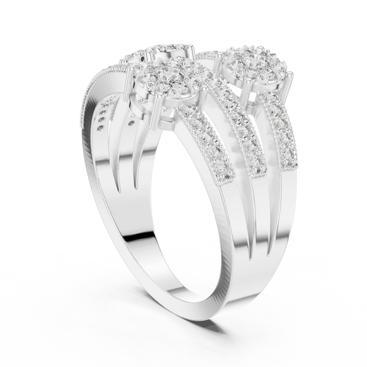 Wide Three Row Staggered Cluster Moissanite Ring in white 925 sterling silver, view 1