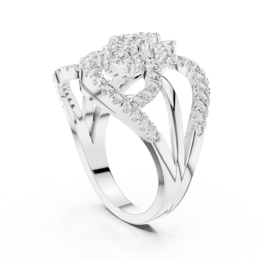 Diagonal Three Cluster Pavé Loop Cocktail Moissanite Ring in white 925 sterling silver, view 1