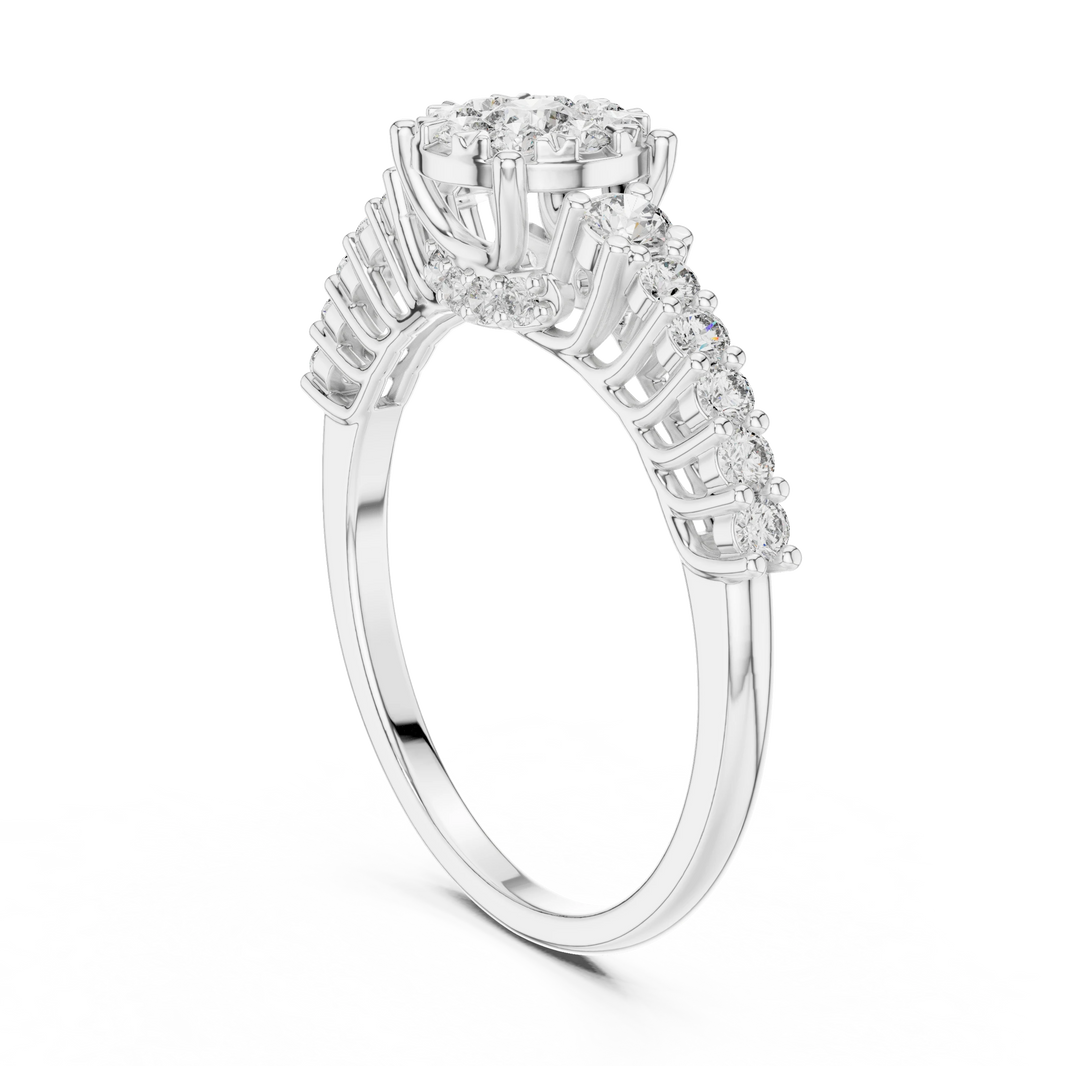 Cluster Halo Graduated Side Stone Moissanite Ring in white 925 sterling silver, view 1