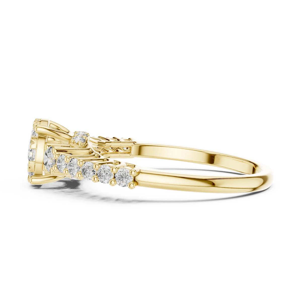 Cluster Halo Graduated Side Stone Moissanite Ring in yellow 925 sterling silver, view 3