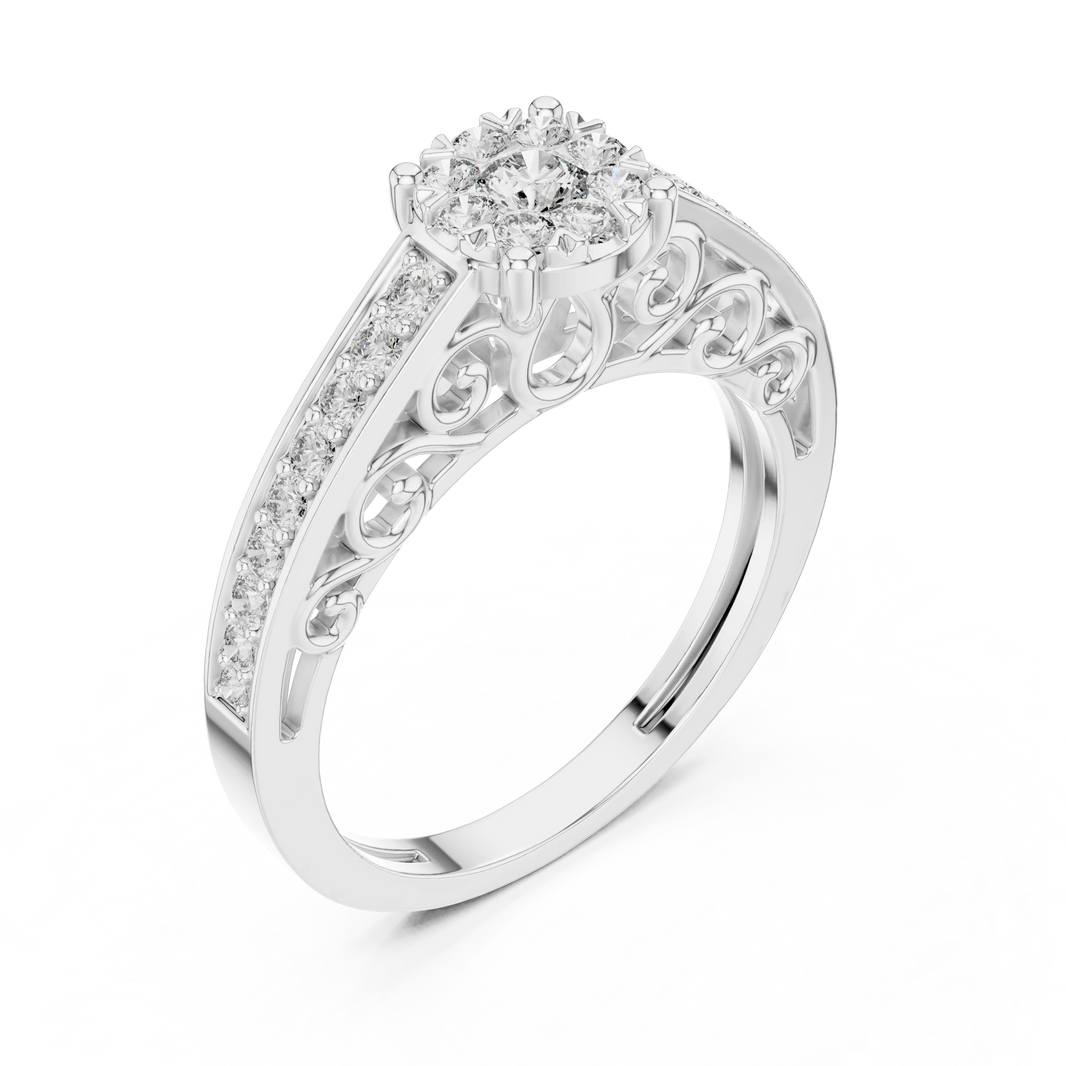 Vintage Filigree Cluster Channel Shoulder Moissanite Ring in white 925 sterling silver, view 2