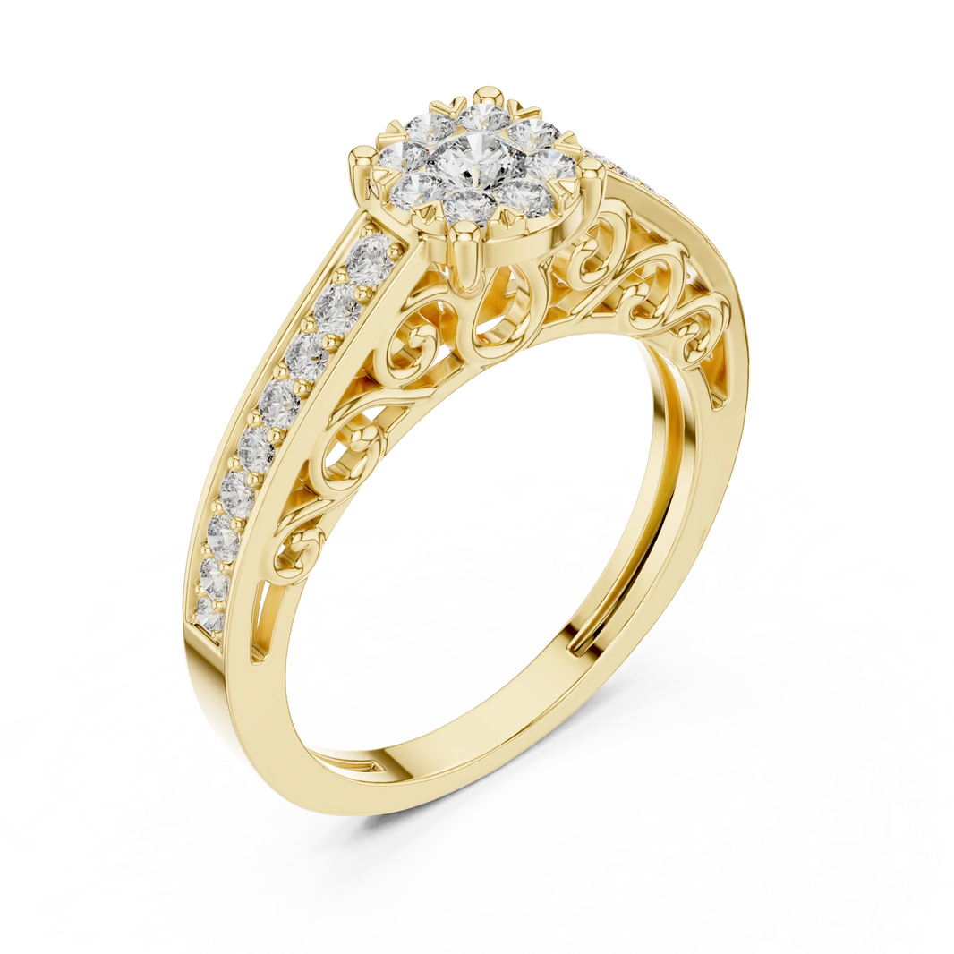 Vintage Filigree Cluster Channel Shoulder Moissanite Ring in yellow 925 sterling silver, view 2