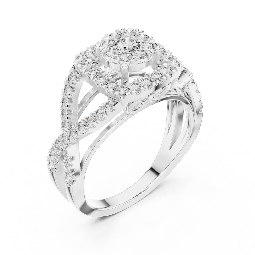 Cushion Double Halo Twist Scroll Gallery Moissanite Ring in white 925 sterling silver, view 2