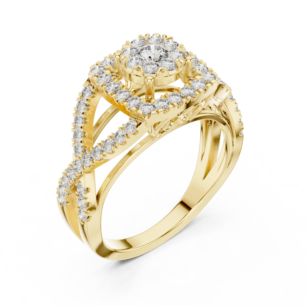 Cushion Double Halo Twist Scroll Gallery Moissanite Ring in yellow 925 sterling silver, view 2