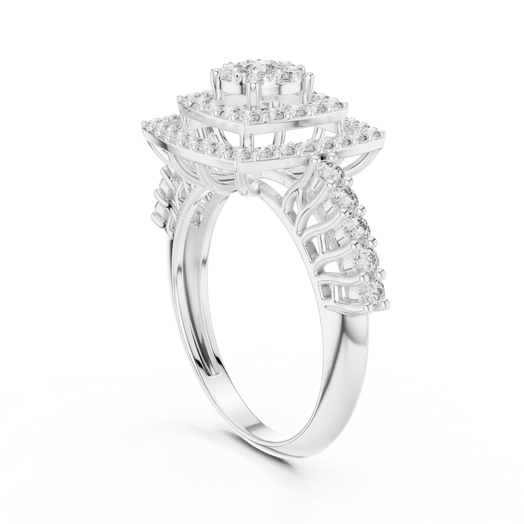 Tiered Cushion Double Halo Cluster Moissanite Ring in white 925 sterling silver, view 1
