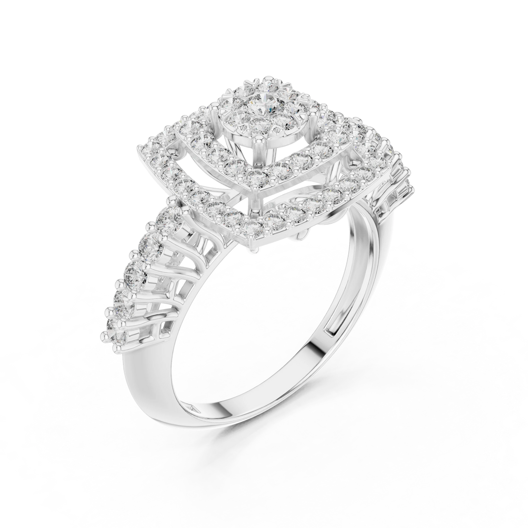 Tiered Cushion Double Halo Cluster Moissanite Ring in white 925 sterling silver, view 2