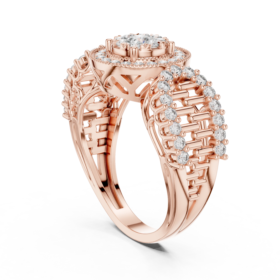 Vintage Milgrain Halo Brick Pattern Shoulder Moissanite Ring in rose 925 sterling silver, view 1