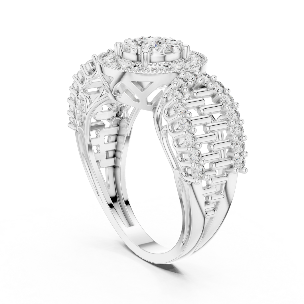 Vintage Milgrain Halo Brick Pattern Shoulder Moissanite Ring in white 925 sterling silver, view 1