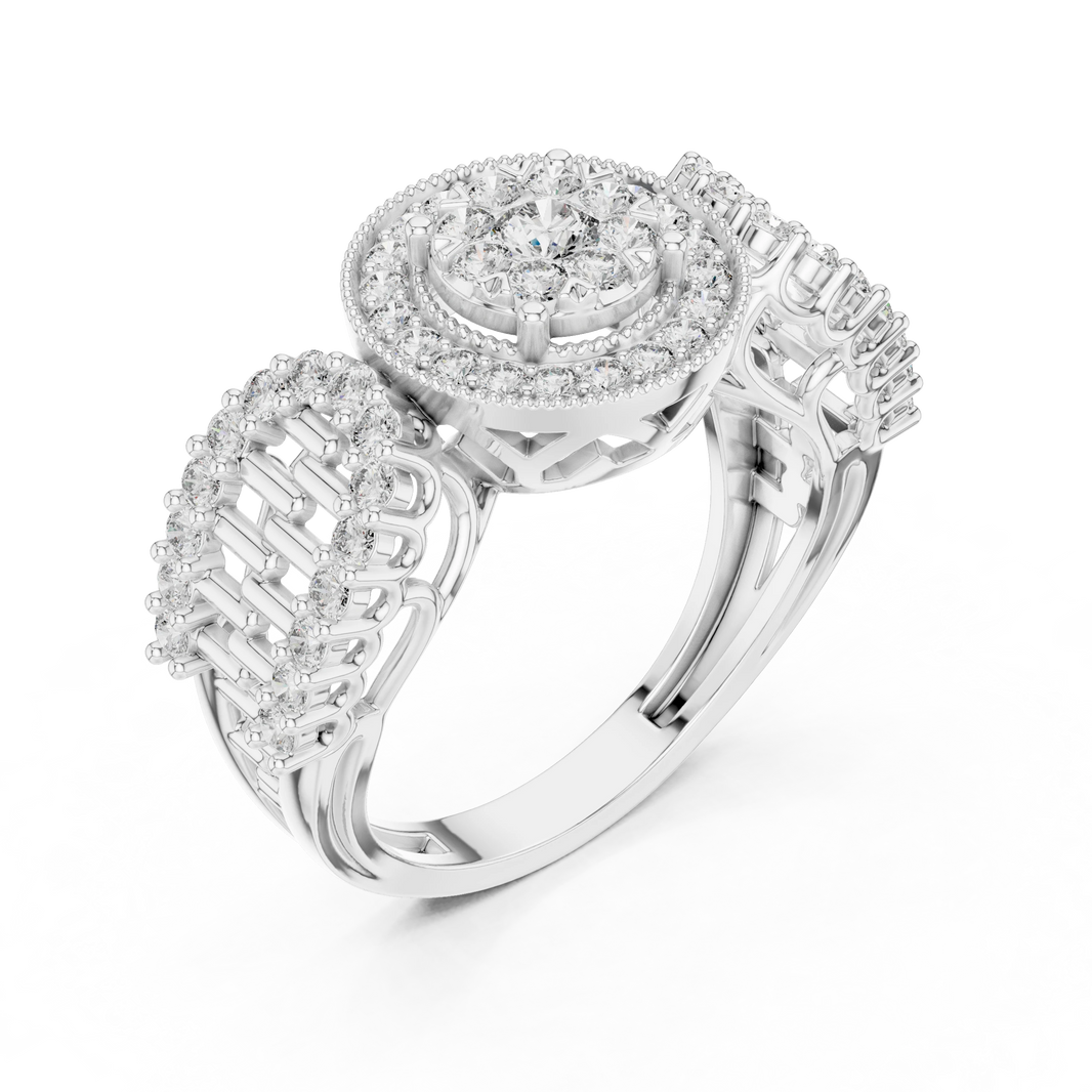 Vintage Milgrain Halo Brick Pattern Shoulder Moissanite Ring in white 925 sterling silver, view 2